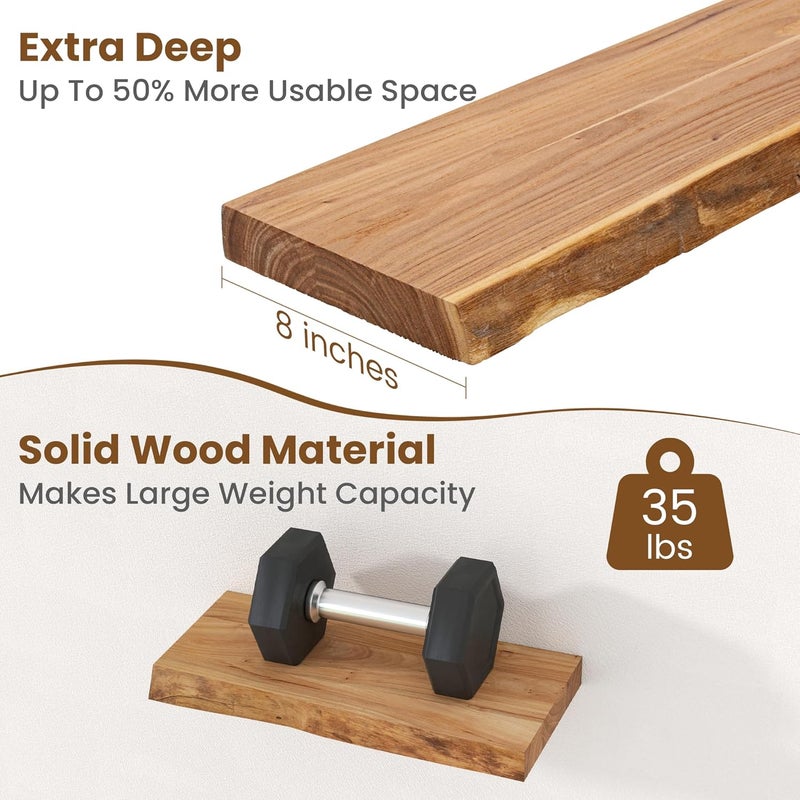 FLYJOE Floating Shelves for Wall Decor, Rustic Solid Elm Wood Live Edge Floating Shelves Wall Mounted, Wall Shelves with Invisible Bracket for Living Room Bathroom Bedroom Kitchen, 16 Inch Set of 2, Natural - Image 5